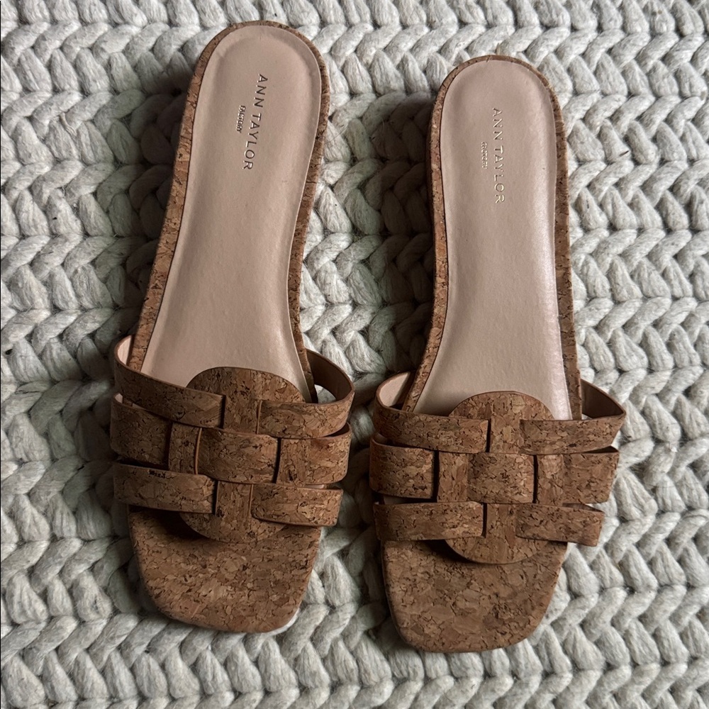 Ann Taylor Brown Cork Woven Slides